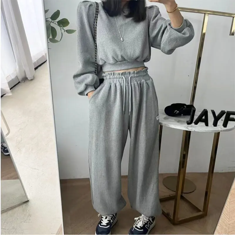 

Casual Bubble Sve round Ne ort Sweatirt Wide Leg Pants Two Piece Set Women's Autumn Winter Elastic Waist Faion Set