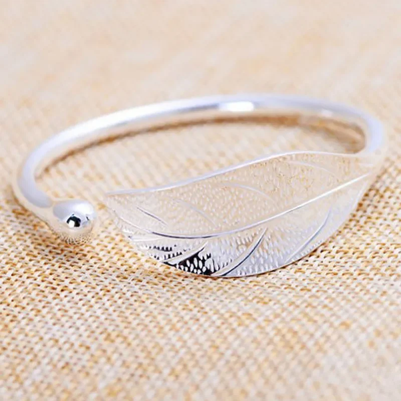 SAIYE 925 Sterling Silver Woman Cuff Bracelet Open Leaf Shaped Adjustable Charm Bangle Girls Party Jewelry Christmas Gifts