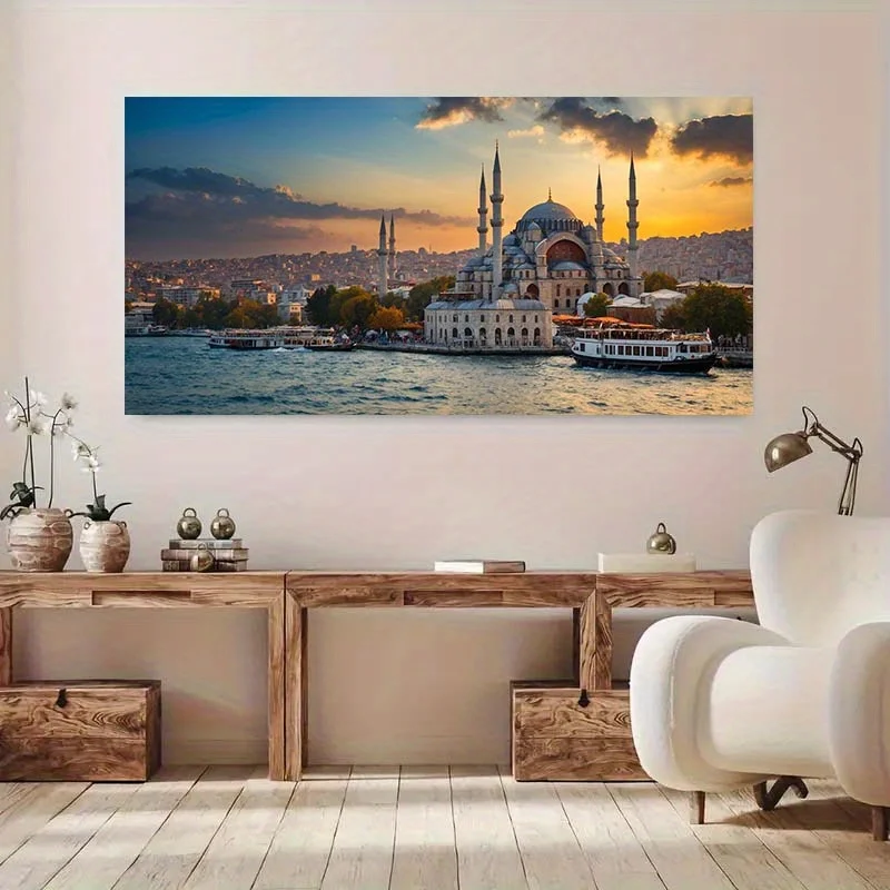 1 قطعة 27.55x55.11 بوصة بدون إطار الحديثة اسطنبول الغروب الأزرق المسجد و البوسفور قماش جدار الفن-ناظر طبيعية تركية نابضة بالحياة باي