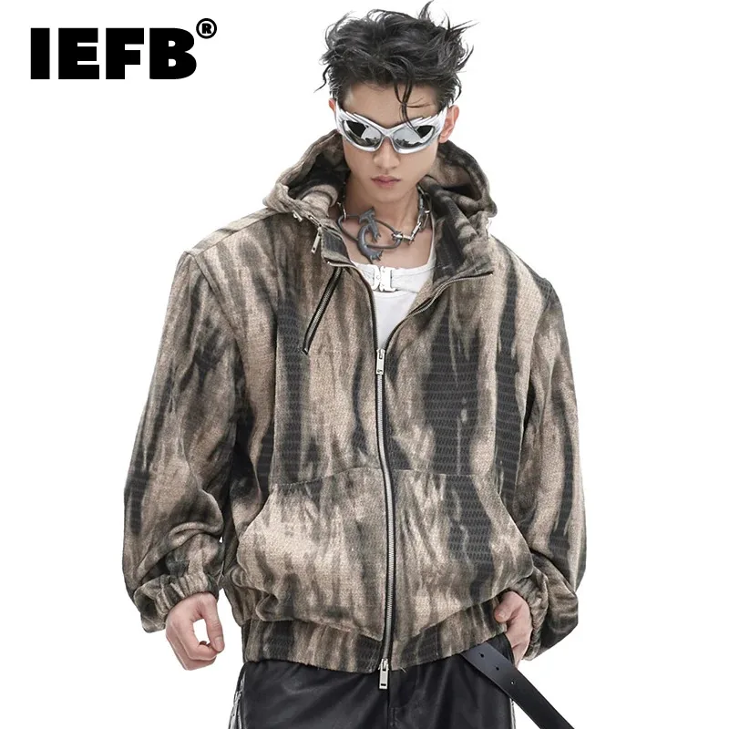 

IEFB Men's Hooded Sweatshirt New Trendy Contrast Color Worn Out Male Hoodies Retro Chic Metal Zipper Design Jacket 9C4318