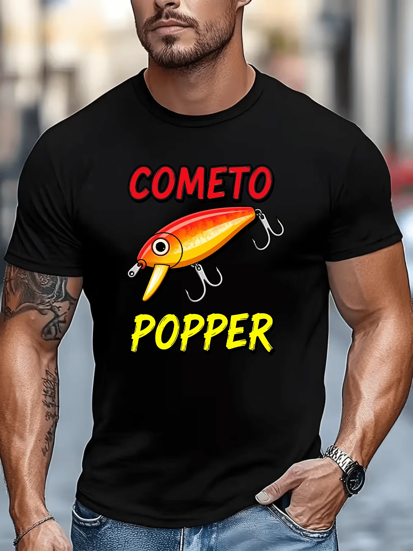 Men Cometo Popper Fishing Lure Cotton T Shirt Crew Neck Angler Print Male Summer Short Sleeve Outdoor Casual Streetwear Tops