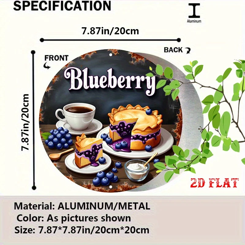 2D Flat, 1pc Vintage Blueberry Pie Cafe Decor - Retro Dining Room, Kitchen, Garage Metal Wall Art - Easy Hang No Wiring Needed -