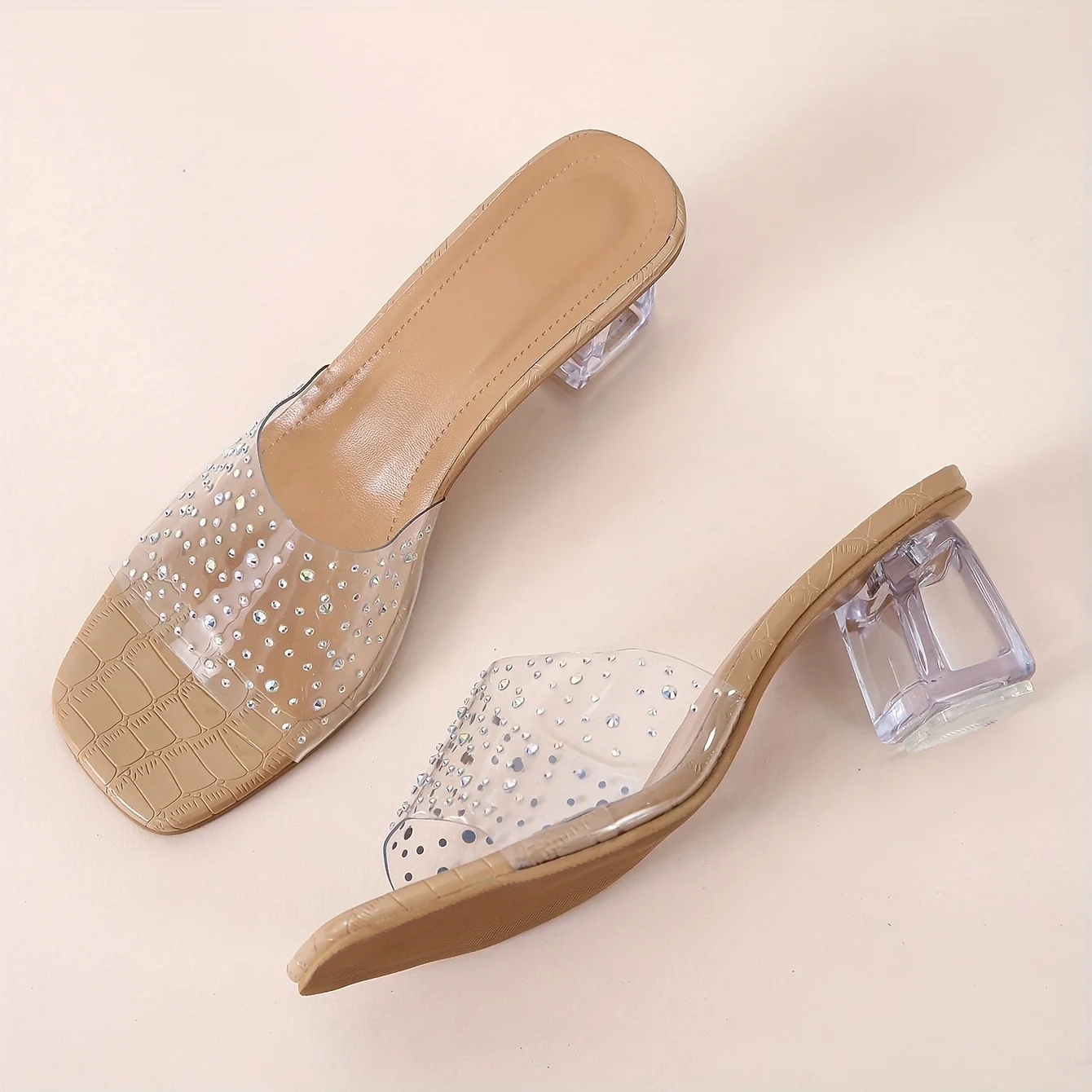 Women's Rhinestone Decor Slip On Sandals with Chunky Heel Versatile Summer Shoes