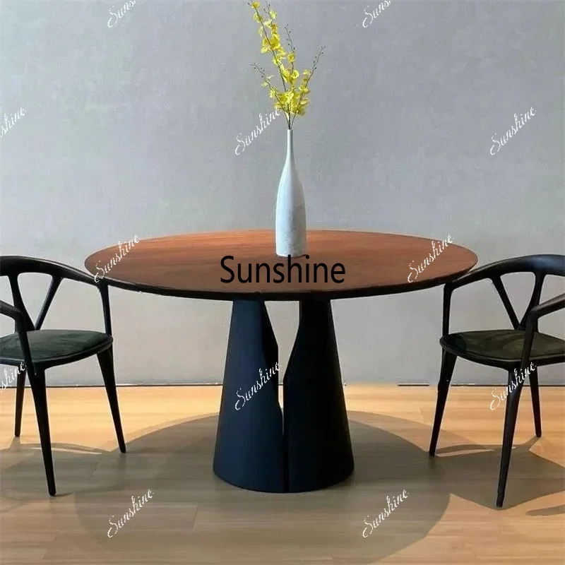 Medieval Solid Wood Round Dining Table Light Luxury Stainless Steel Foot TableTJ