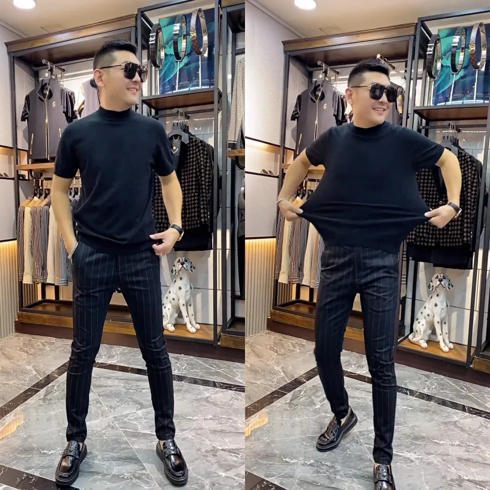 

X803 Новая вязаная облегающая футболка с круглым вырезом для мужчин, модная, трендовая, в городском стиле