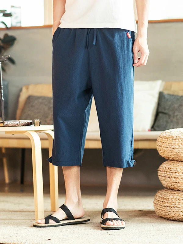 

Men's Loose Fit Linen Cotton Blend Casual Pants Seven-Foot Length Thin Sle Summer Harajuku Sle Elastic Waist Mid-Waist