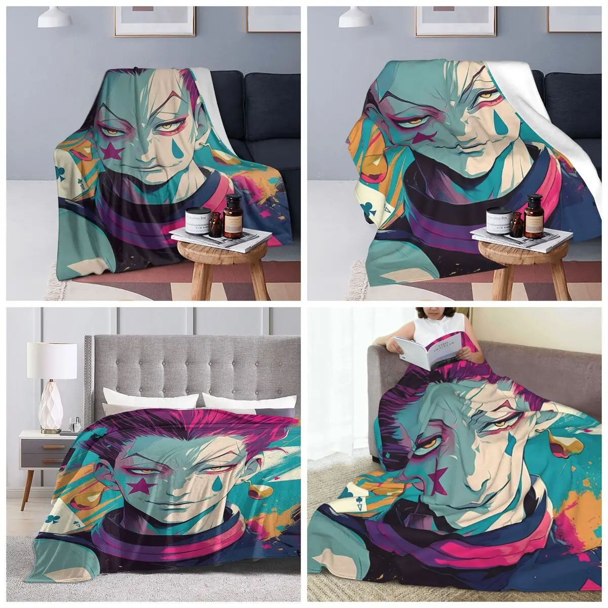 Anime Hisoka Hunter X Hunter Magical Joker Blanket Soft Warm Flannel Throw Blanket Bedding for Bed Travel Home Sofa