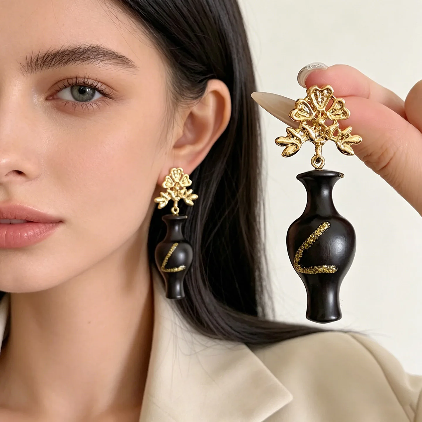 New Chinese hollow gold flower black wood vase earrings women's national style sandalwood diamond plum vase long retro earrings