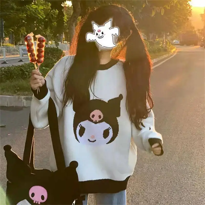 

Японский милый Sanrio Kuromi Hello Kitty Cinnamoroll My Melody, свитер с круглым вырезом, милый мультяшный женский топ