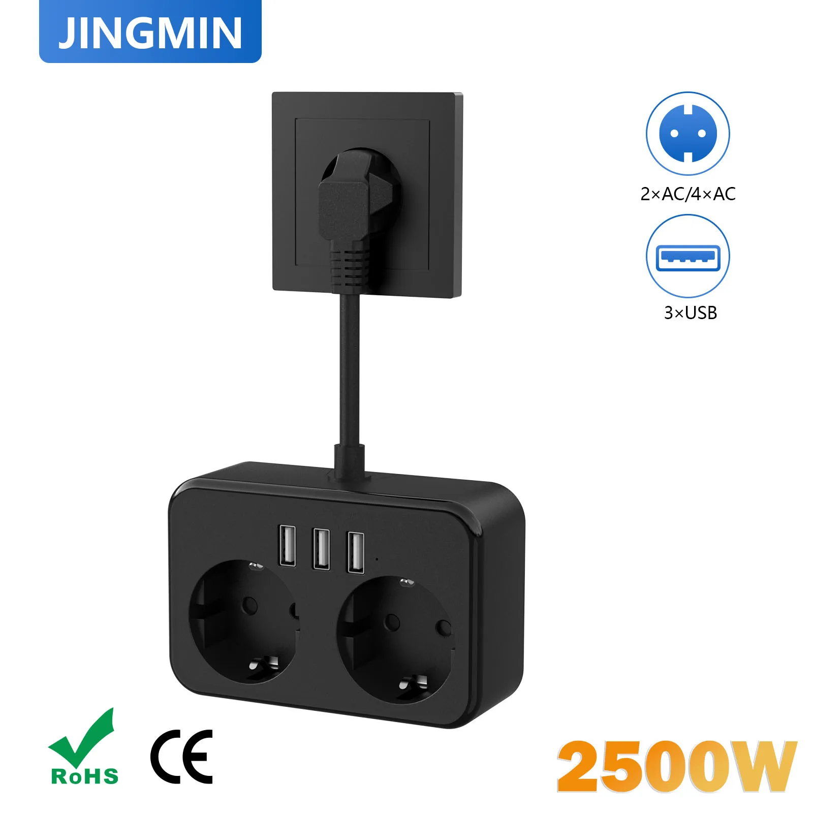 

2500W EU Plug Power Strip with 3 USB A Fast Charging 2 AC Outlets Protection Adapter Electrical Socket Extension Cable For Home