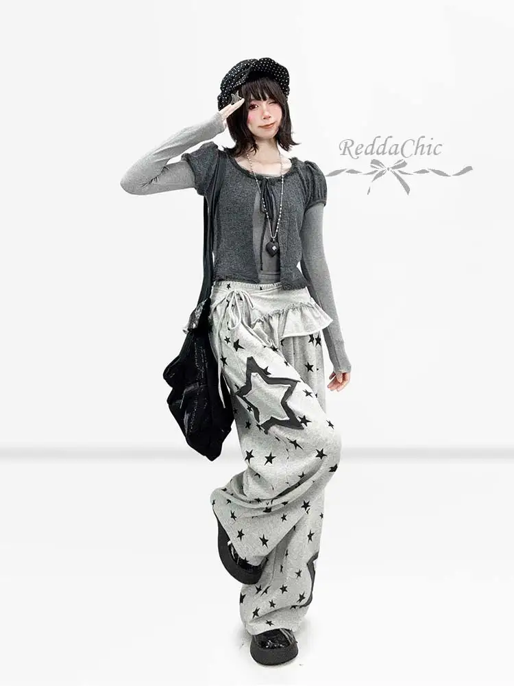 REDDACHiC Puff Sleeve Cardigan Top Two-piece Set Women Korean Gray Bandage Layering Slim T-shirt Cardigan Grunge Fall Clothes view 2