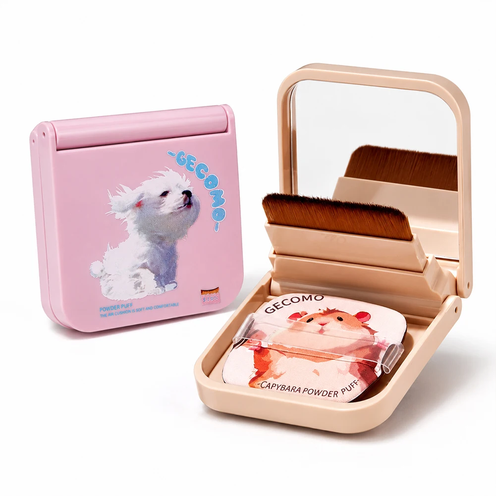Faltbarer Kompakter Make-up-Spiegel mit Niedlichem Hamster-Muster, Weicher Foundation-Pinsel & Hautfreundlicher Puderquaste, Taschen-Schönheitsset