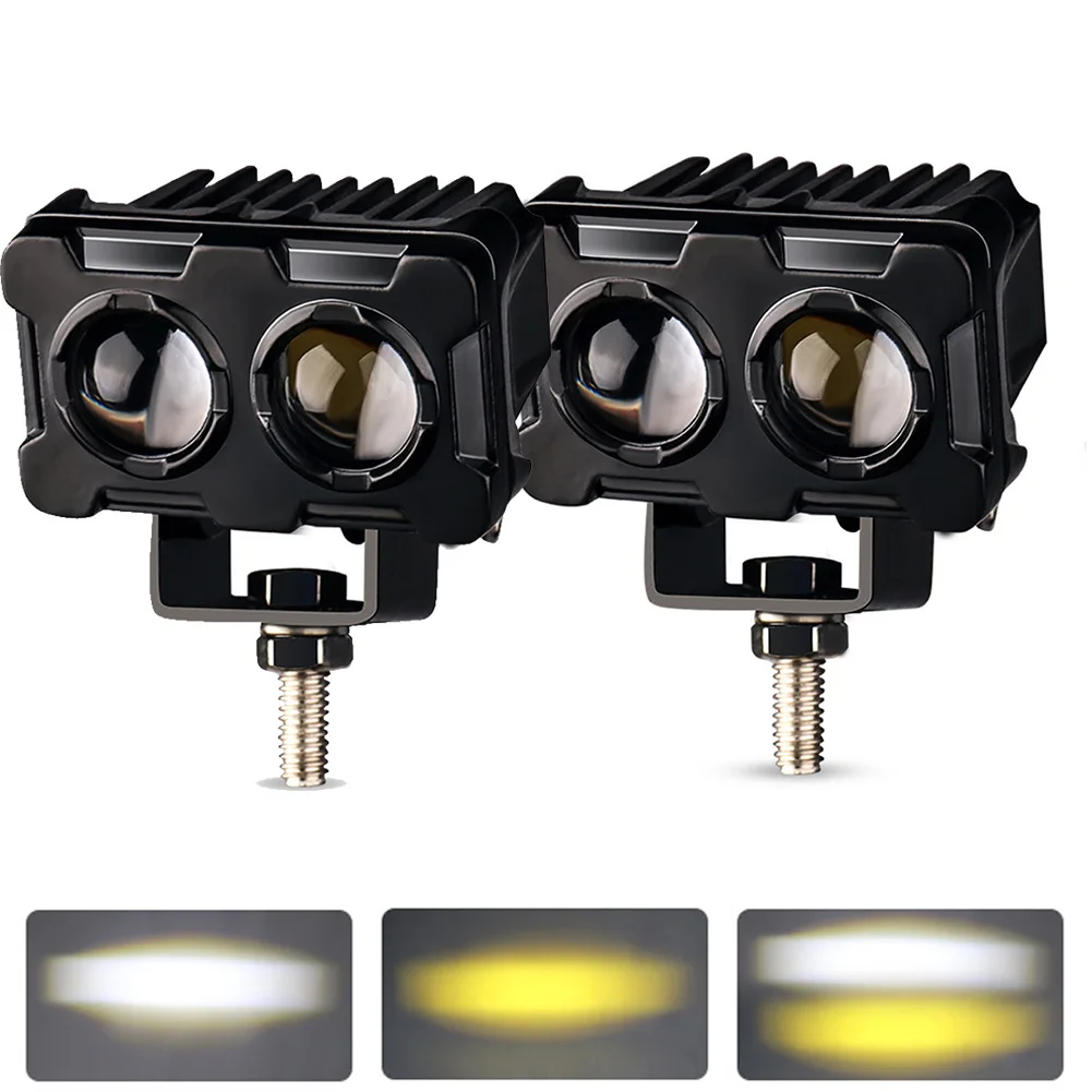 1/2PCS 60W Motorcycle LED Lens Spotlight Double Lenses Spotlight Motorcycles Auxiliary Fog Lamp Dual Color White Yellow Light