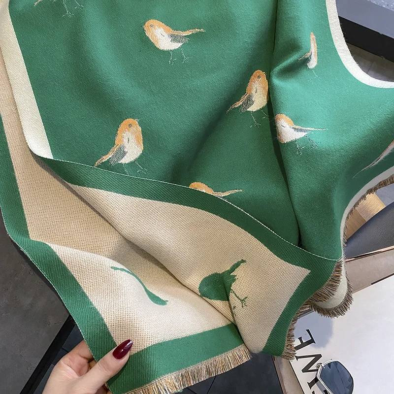 Women Winter Scarf Cashmere Pashmina Shawls and Wraps Bufandas Bird Print Warm Thick Scarves Blanket for Lady 2022 New