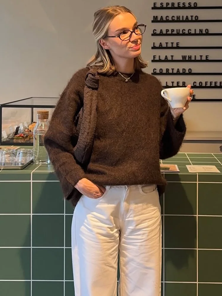 

Casual Brown Fuzzy Loose Sweater Women Fashion Round Neck Full Sleeve Short Knitted Pullover 2025 Lady Winter Warm Solid Sweater