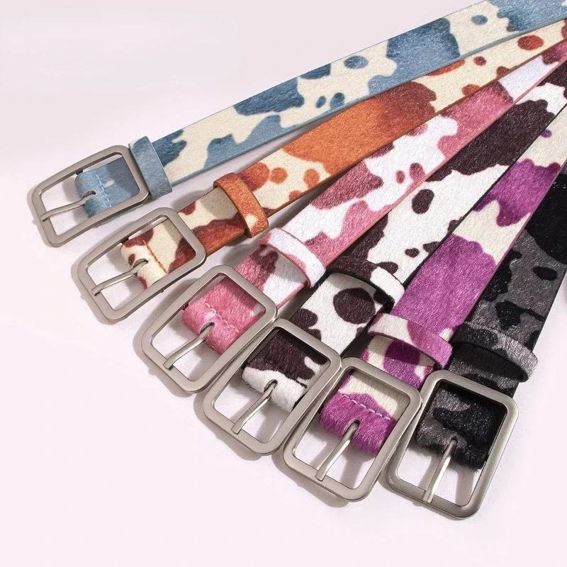 Fashion 100cm Woman Square Buckle Cow Pattern Belt Dairy Cattle Striped Print Ladies Dress Belt Clothing Accessories Decoration