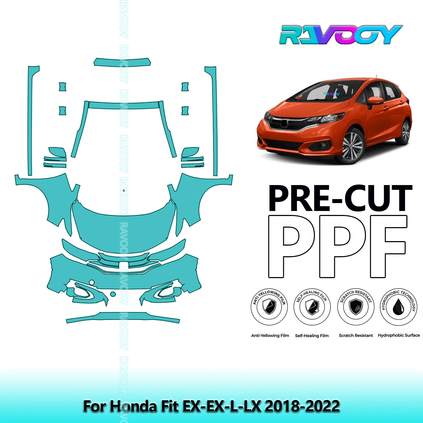 

8.5Mil Precut Paint Protection Film PPF Clear Bra Front Kit+Rockers For Honda Fit EX-EX-L-LX 2018-2022