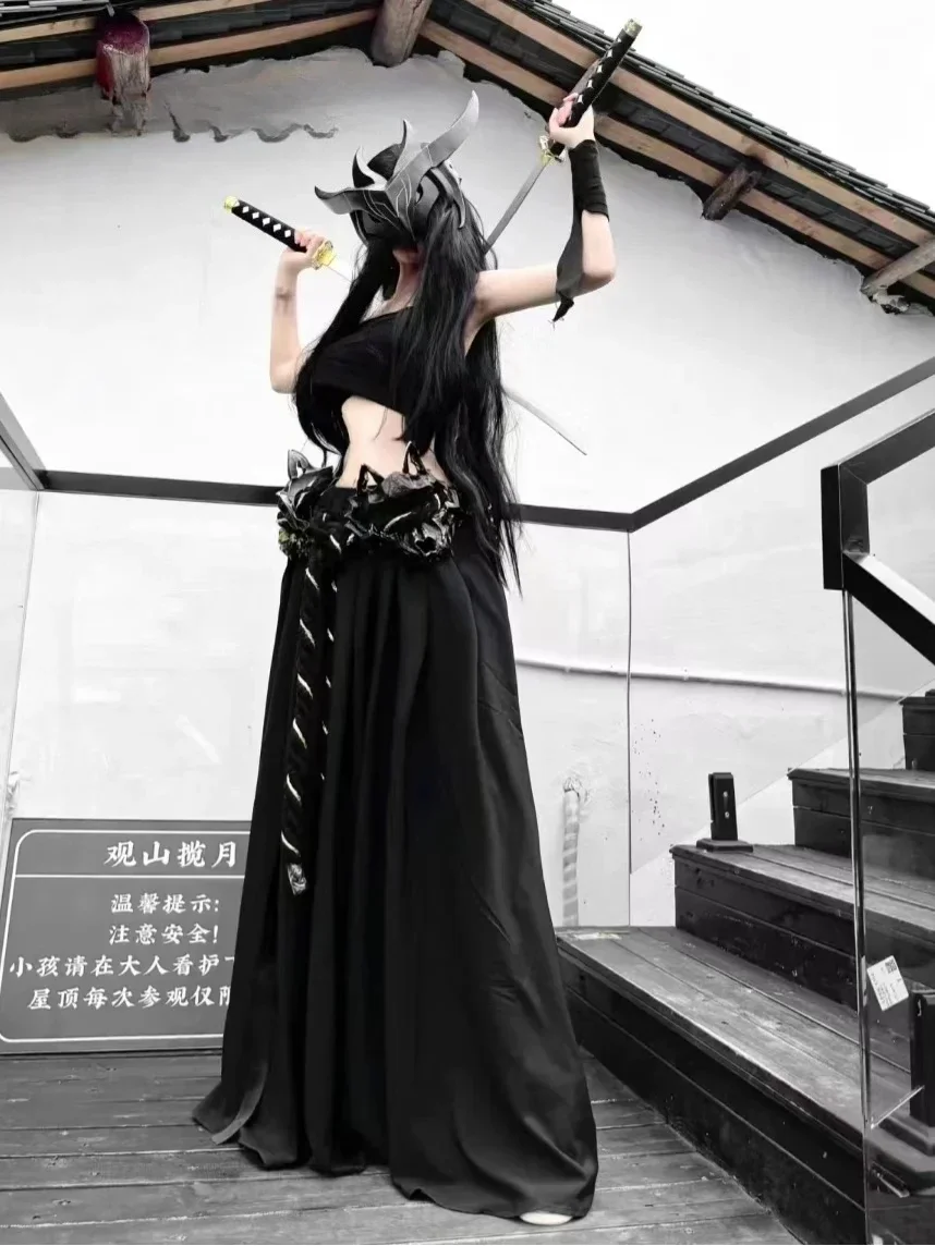 

2025 new Role Play Outfit Black yone cosplay Game LOL Yone Cosplay Costume Halloween Costume rope skirt masks ribbons