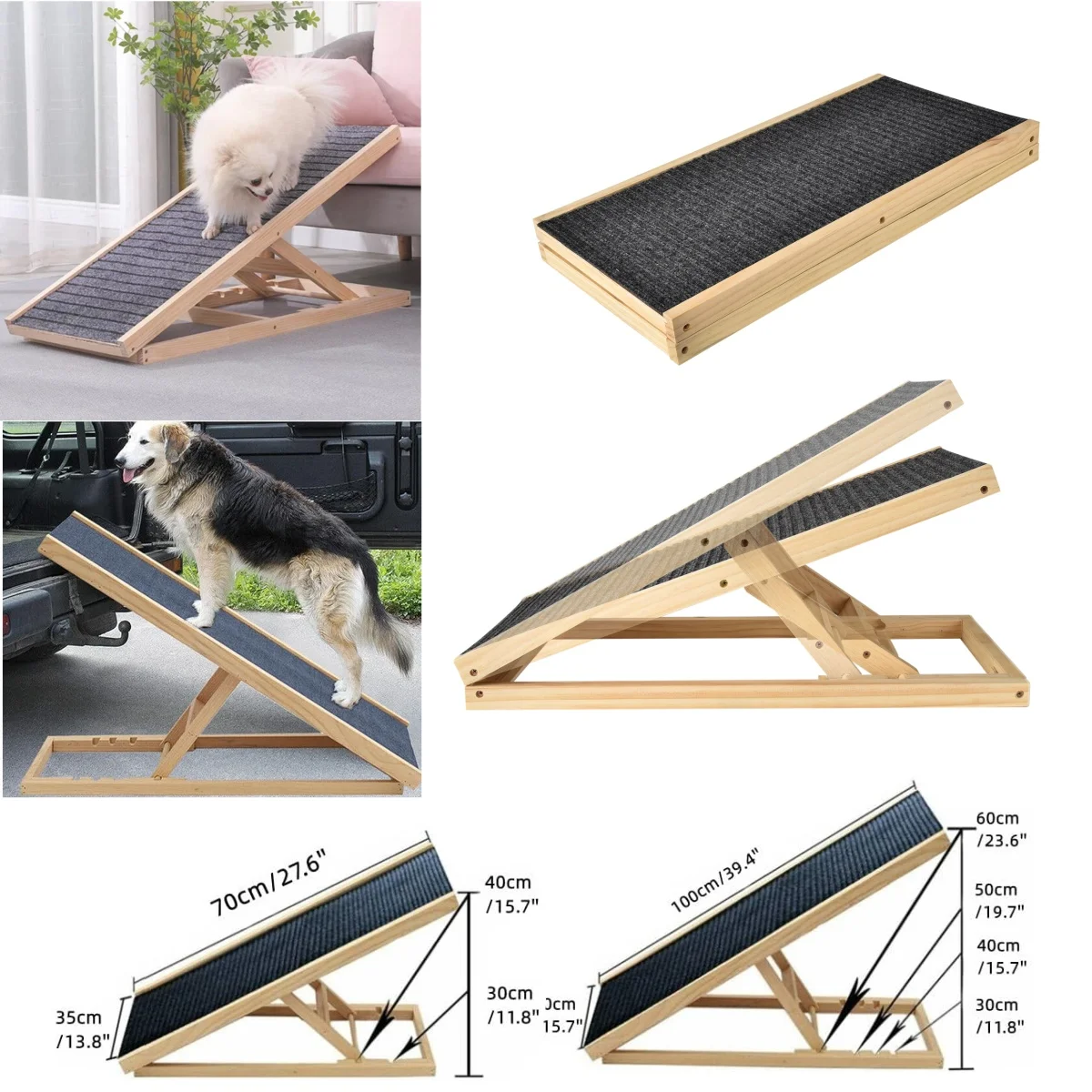 Anti-slip Pet Ramp Wooden Dog Ramp 2 Height Adjustable Ramp Ladder,Non-Slip Safety Cat/Dog Ramps Ideal for Car,Bed, Sofa and SUV