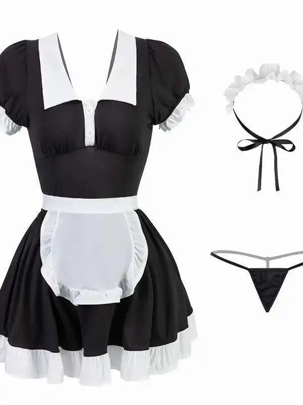 Bielizna Fun Manyan seksowna głęboka V drewniana koronka z uszami z tyłu koronkowa drążona pokojówka zestaw mundurków 9152 RL97