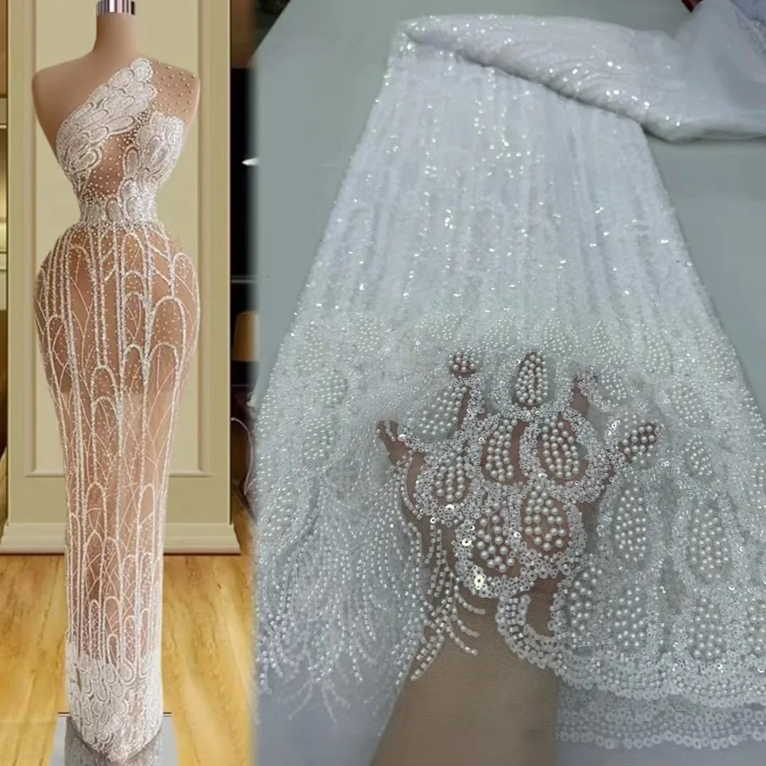 Super Special French Hot Sale Handmade Exquisite Luxury Elegant Beaded Net Lace Fabric With Sequins For Party Evening Dresses