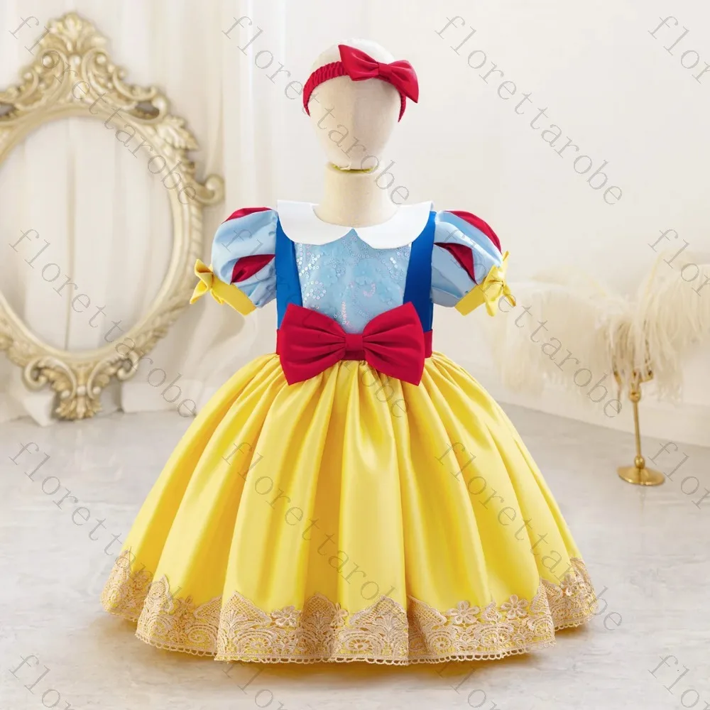 Customized Princess Dress Puff Sleeve A Line Knee Length Satin Ball Gown Halloween Birthday Party Cosplay for Kids Performance