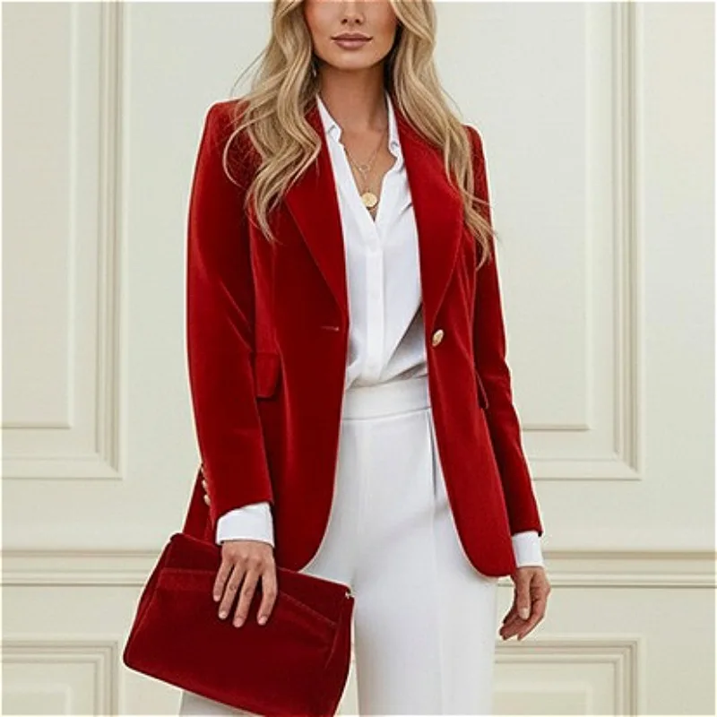

Women’s Luxury Velvet Blazer Jackets 2026 Office Lady Lapel Long Sleeve Formal Gold Button Business Workwear Outerwear 193618