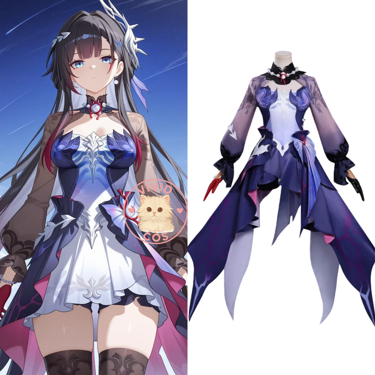 لعبة هونكاي: ستار ريل أزياء تنكرية أنيمي هايسيلينز سخونة لعب الأدوار الزي شعر مستعار فستان أرجواني المرأة كوميك كون بدلات الحفلات #1