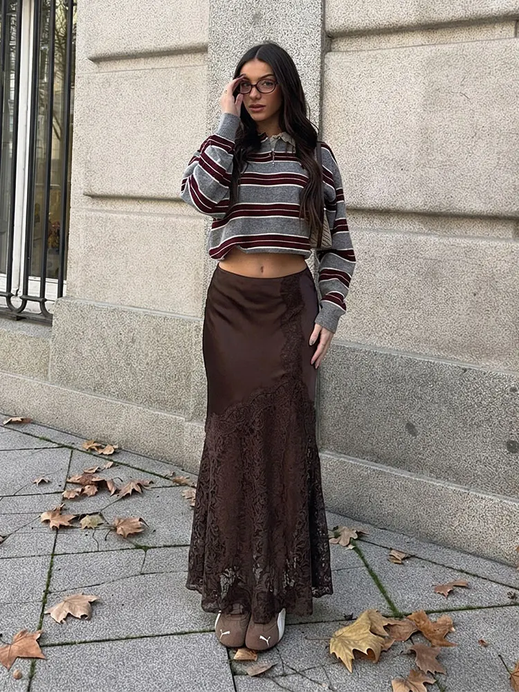 HH Damen Eleganter Modischer Brauner Rock mit Spitzensaum Schlanker Seitenreißverschluss Hochgeschnittener Midirock Sommer Abend Club Party Damen Schicker Rock