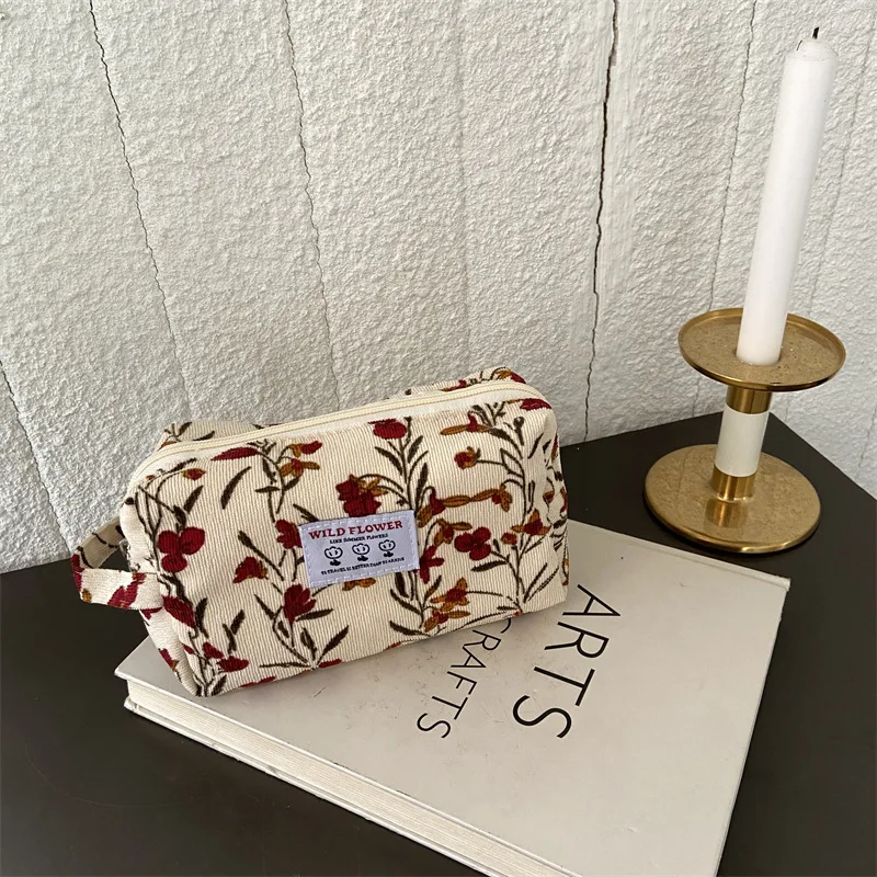 Women Corduroy Plaid Flowers Cosmetic Lipsticks Bag Korean Pencil Case Travel Makeup Brushes Bag Neceser Organizer Bag Pouch