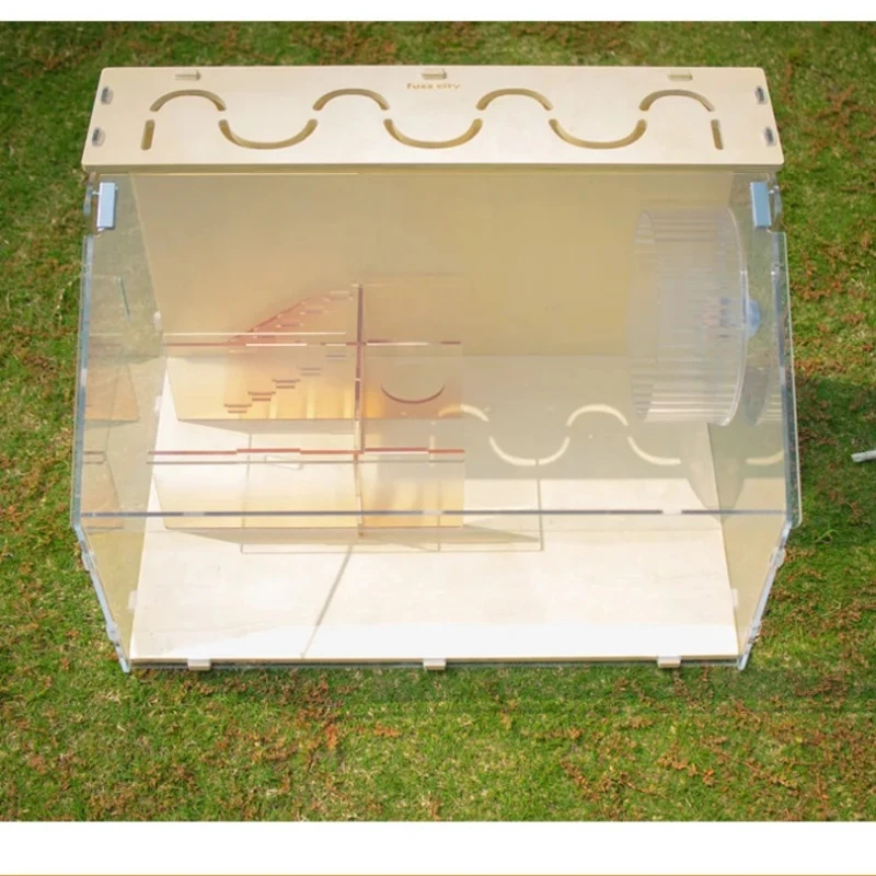 360° View Hamster Tank - 10mm Acrylic Cage with Ventilated Wooden Top, Naturalistic Habitat for Dwarf Hamsters & Small Birds