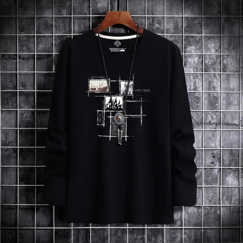 

Pop Wholesale Men's Long Sleeve T-Shirt New Summer Style Plus Size HongKong Style Printing Base Layer Top Trendy Brand Trendy