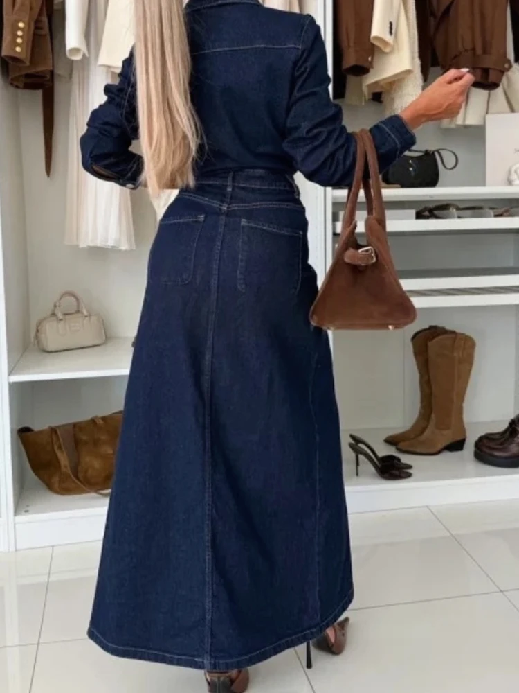 Herbst Neue Tasche frauen Kleid Mode Revers Langarm Einreiher Kleid Temperament Einfarbig Dünne Denim Shirts Kleid