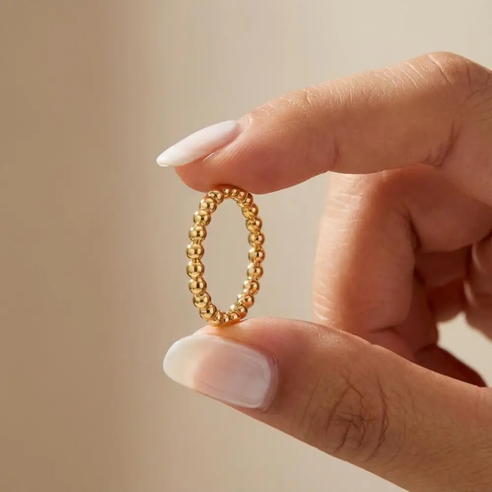 Mariasz Minimalist 1/3pcs Dainty Thin Stackable Bead Ball Ripple Ring Stainless Steel PVD Gold Color Delicate Jewelry For Women