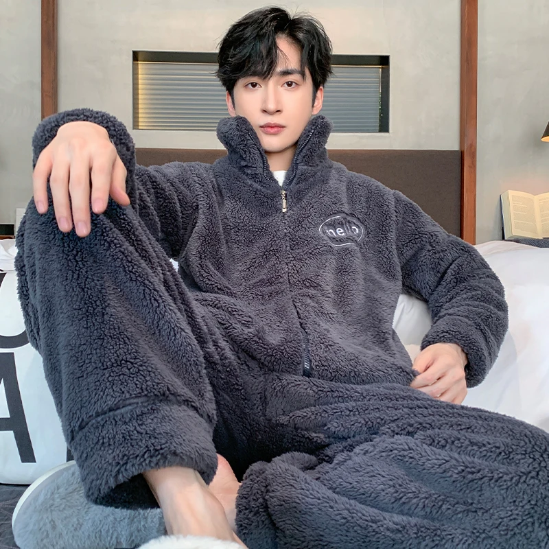 Thick Coral Fleece Tops + Pants 2PC Winter Zipper Cardigan Home Suit Keep Warm Men Pajama Set Full Sleeve Sleepwear Male Pijamas