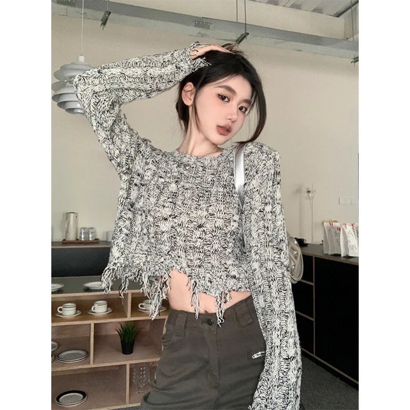 Y2K Cropped Hole Sweater Women Streetwear Tassel Ripped Knitted Pullovers Vintage Korean O Neck Knitwears Casual Chic Jumper