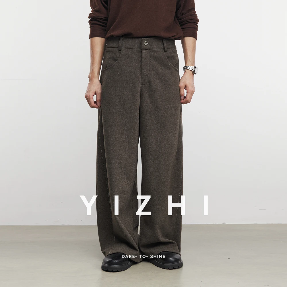 Moda masculina 430g pesado velo-forrado calças casuais americano cor sólida calças de perna larga masculino 2025 inverno commuter calças