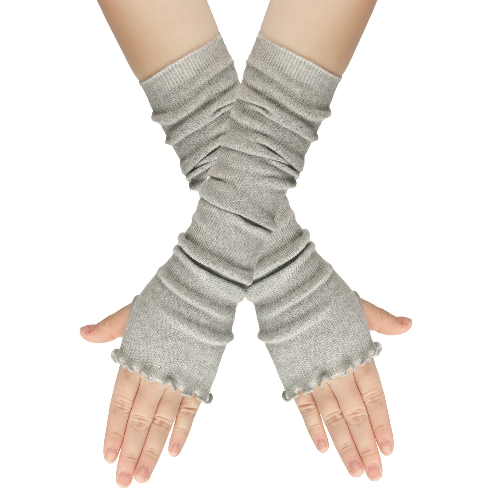 Black/Grey Elbow Long Gloves Fingerless Gloves Solid Color Knitted Elbow Mittens Lotus Leaf Edge Cotton Wrist Sleeves Arm Warmer