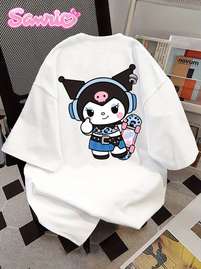 

Sanrio Hello Kitty Женская футболка с аниме-узором - милый дизайн Hello Kitty для наушников и скейтборда, свободный топ с круглым вырезом и короткими рукавами