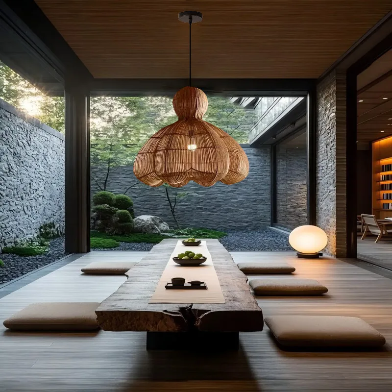 Japanese, wabi-sabi, vintage, rattan, chandelier