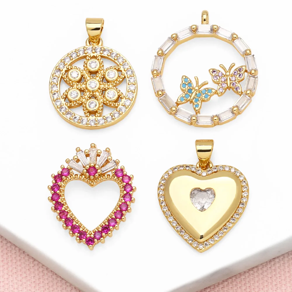 OCESRIO Fuchsia Crystal Heart Pendant for Necklaces Copper Gold Plated Butterfly CZ Ring Jewelry Making Supplies pdtb554