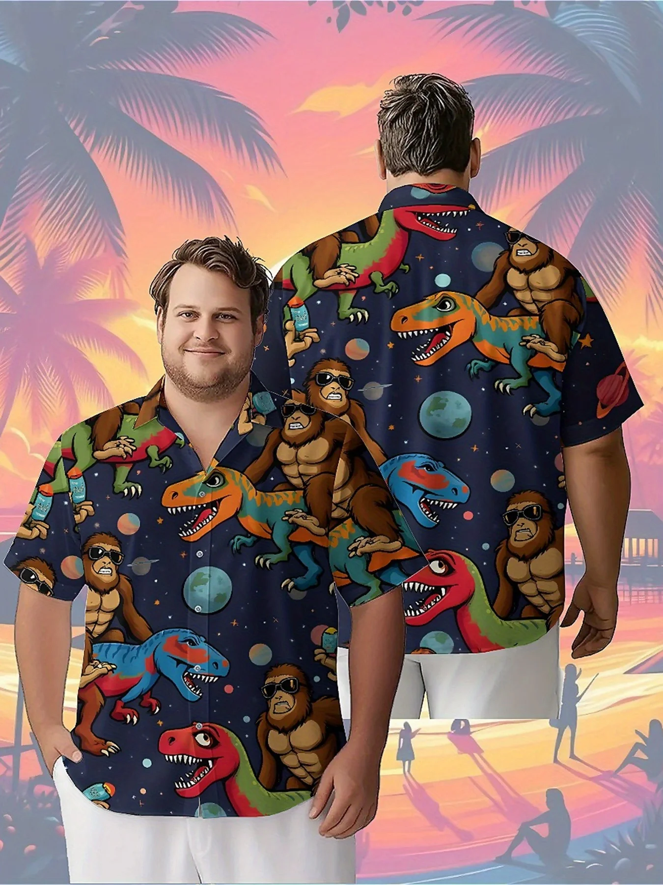 

Men's Plus Size Hawaiian Shirts Interstellar Dinosaur Adventure pattern, Button Up Shirts, Unisex Casual Clothing, Summer Tops