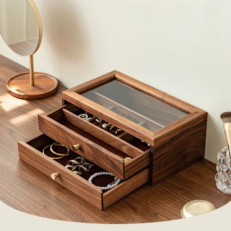 

Exquisite Jewelry Box High-Grade Black Walnut Storage Boxes Lattice Classification Makeup Organizer with Visual Window