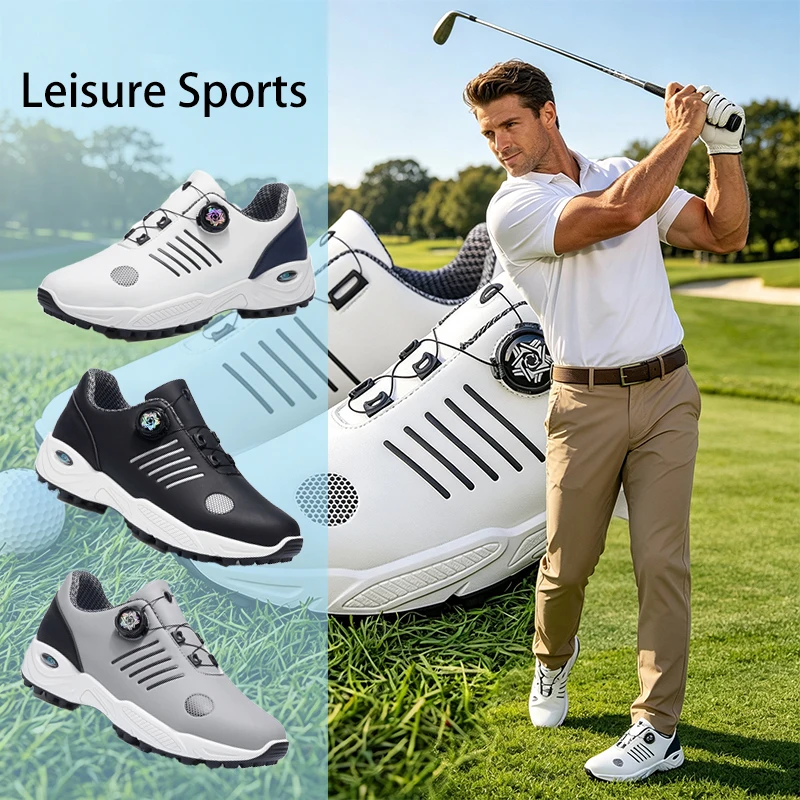Knob-Free Lace-Up Sneakers for Men, Air-Cushioned, Shock-Absorbing, Non-Slip Golf Shoes, Outdoor Training, Business Commuting, Versatile Men's Shoes 9