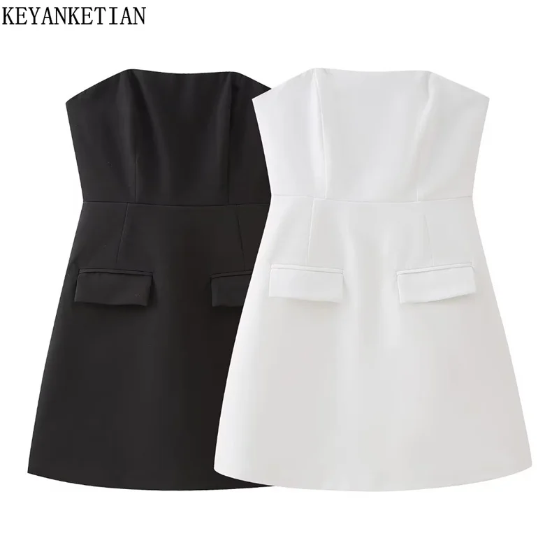 

KEYANKETIAN New Launch Women's Strapless Dress Stylish Sexy Slash neck Slim Solid Off Shoulder Short Dresses A Line Mini Skirt