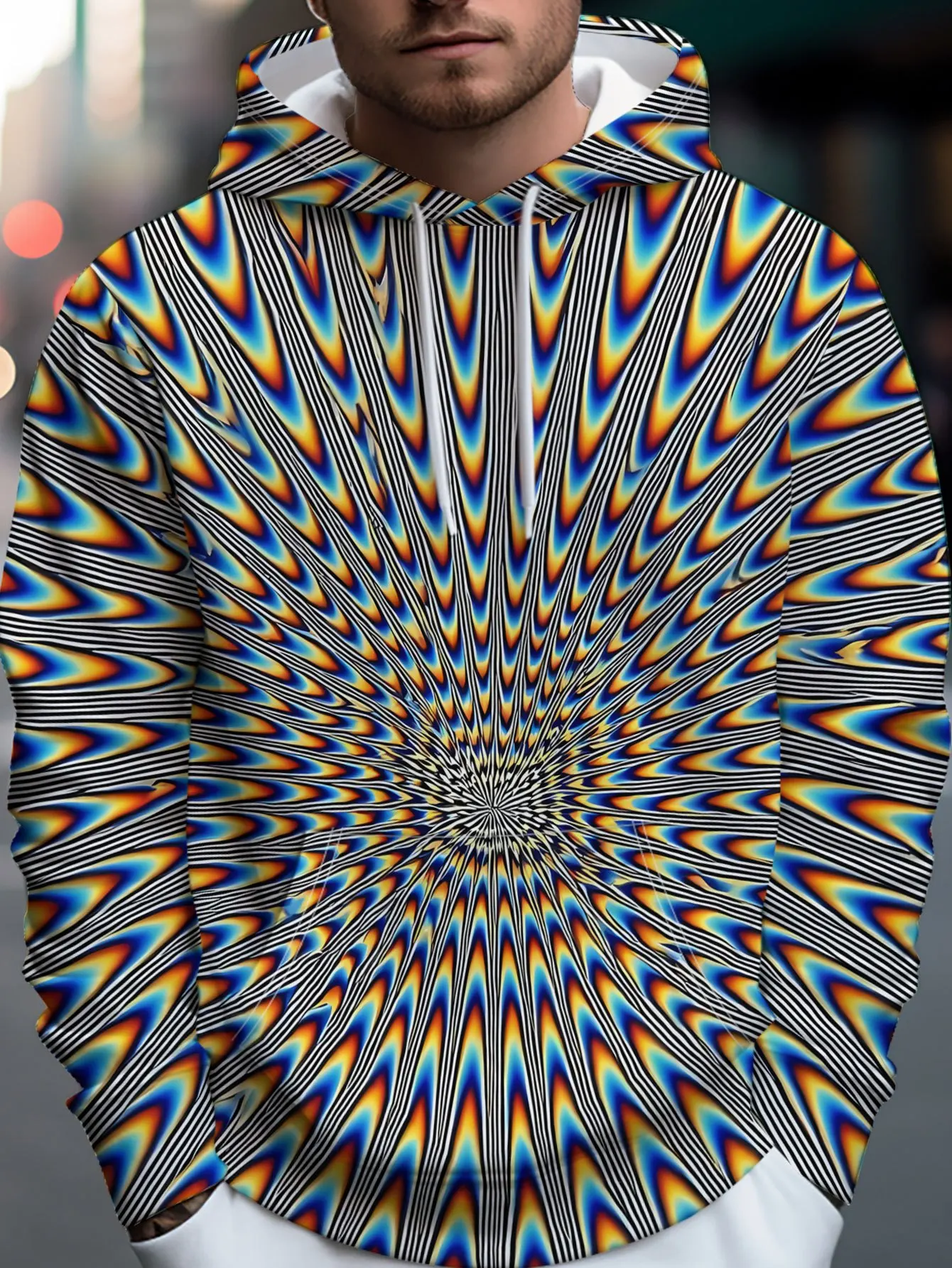 Men Optical Illusion 3D Vortex Geometric Full Print Drawstring Hoodie With Front Pocket