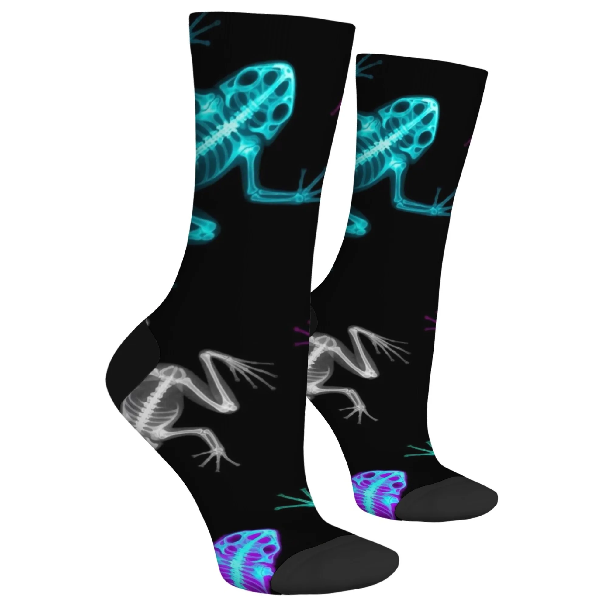 Colorful Iridescent X-ray Frog Skeleton Men Crew Socks Creative Pattern Funny for Nocturnal Loungewear & Sleepover Party Vibes