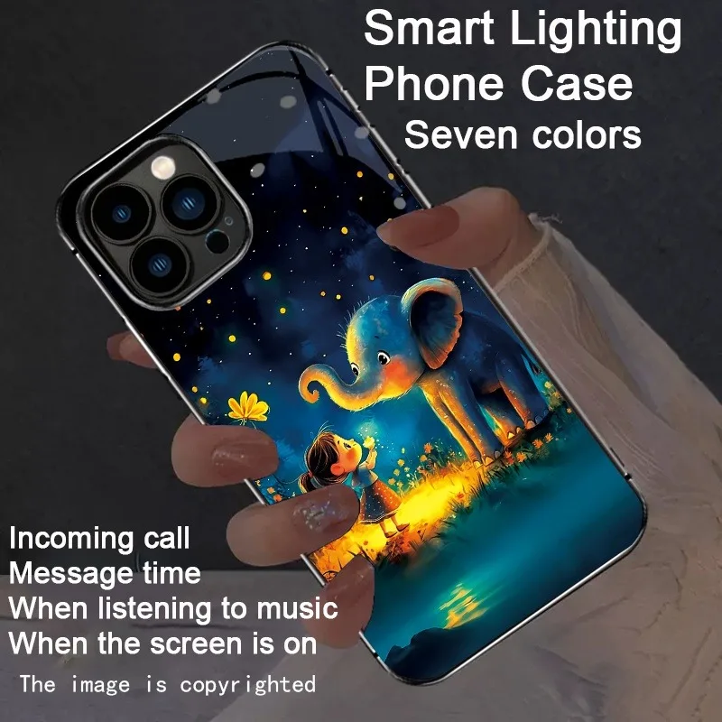 Cute Elephant Girl LED Phone Case Shine For iPhone 17 16 15 14 Pro Max 13 12 Mini 11 X XS Glass Glow Flashing Poective Cover