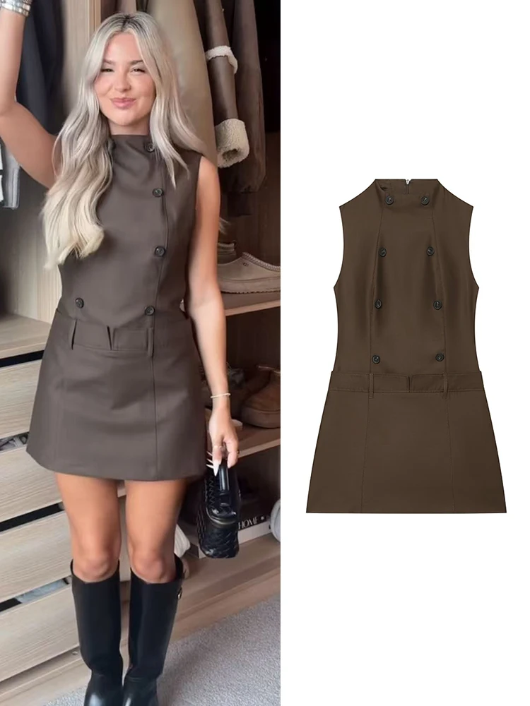 TFMLN New Women's Vest Dress Stand Collar Sleeveless Decoration Buttons Trendy Slim Fit Daily Commute Fashion Mini Dress