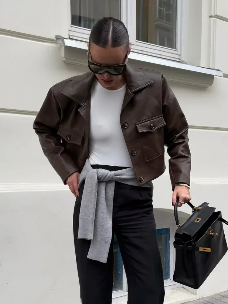 Single Breasted Cropped Brown Leather Jacket Women Casual Full Sleeve Lapel Pocket Short Coat Autumn Lady Commuting Streetwear